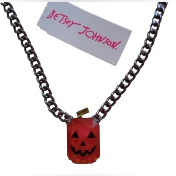 BETSEY JOHNSON Jack-o-Lantern Hematite & Crystal Pumpkin Necklace Halloween NWT - Picture 2 of 7